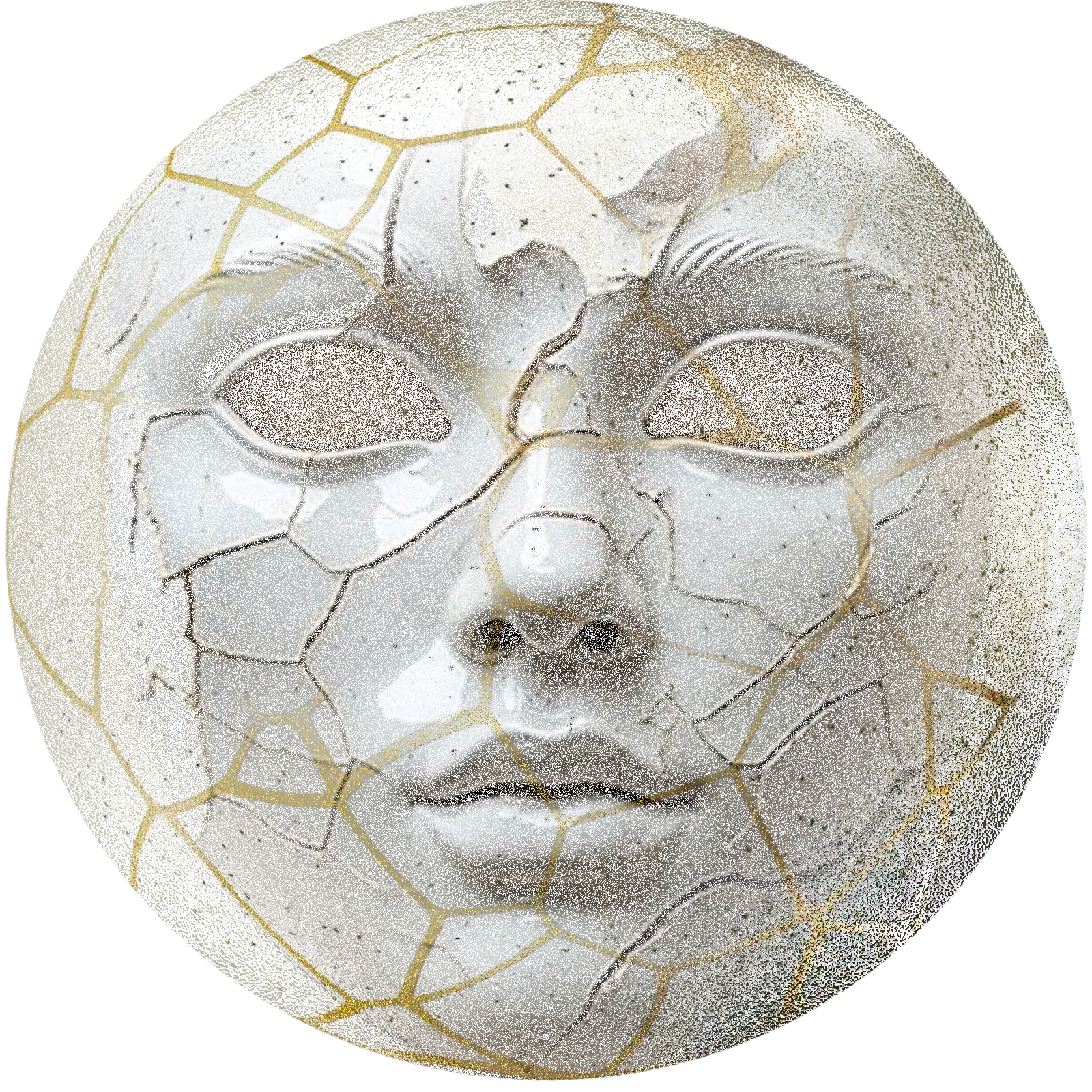 Circular white mask with gold kintsugi cracks on black background; green “The BIG Mystery” heading.