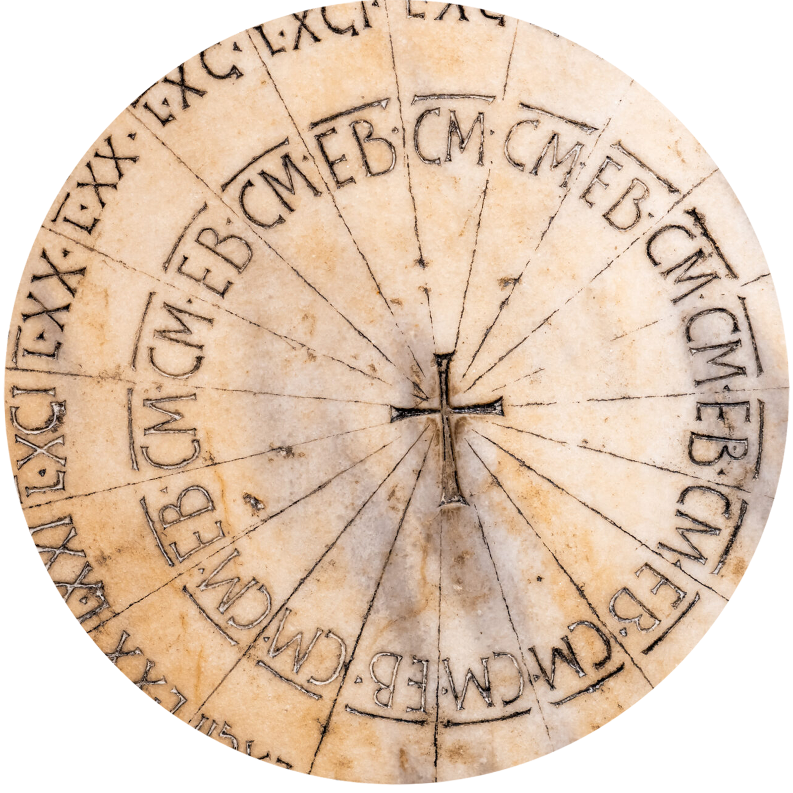 Circle-cropped carved stone dial with Latin inscriptions and a central cross; title l ockup “Kingdom of Heaven.