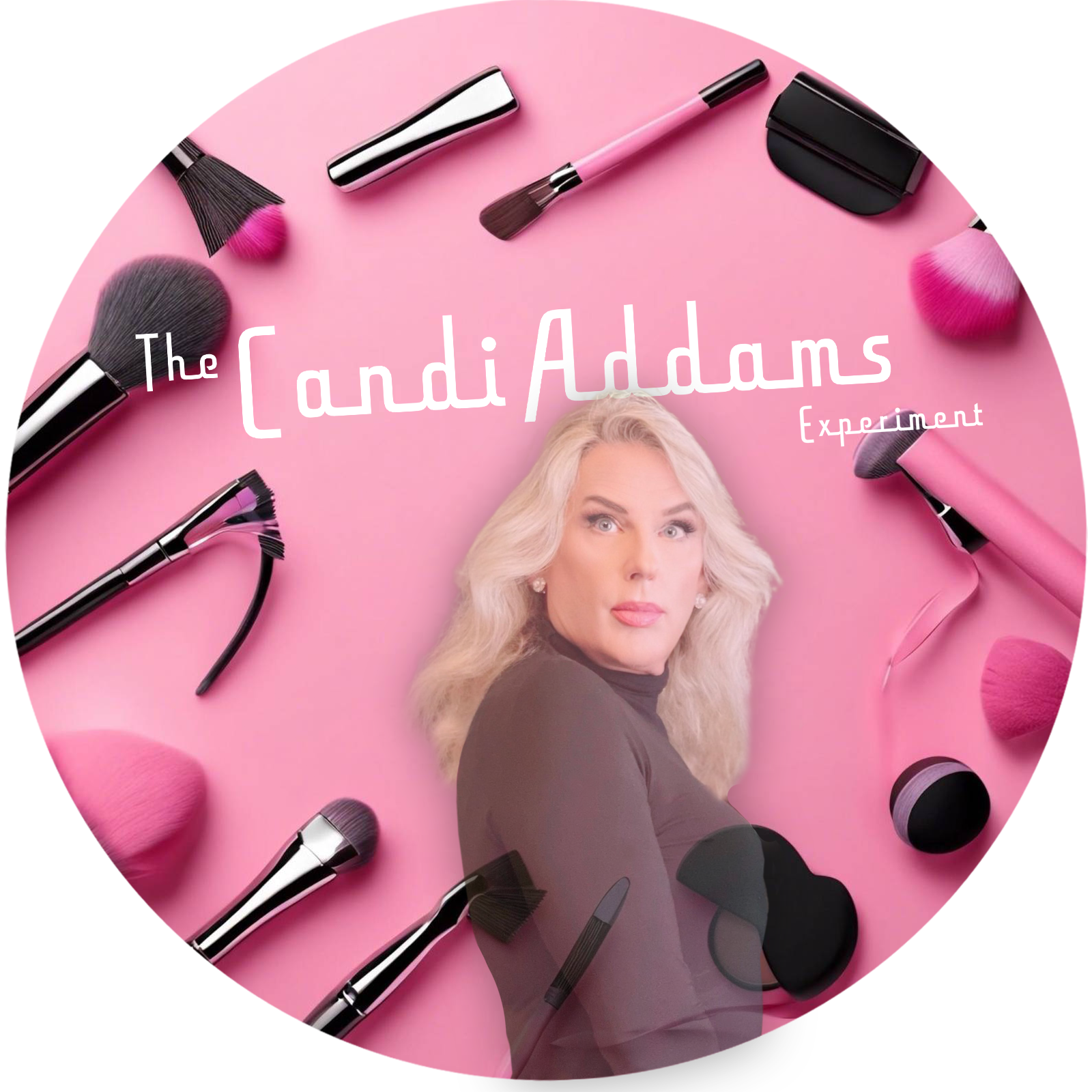 Circle-cropped pink backdrop with brushes/compact and a portrait; white script “The Candi Addams Experiment” wordmark.
